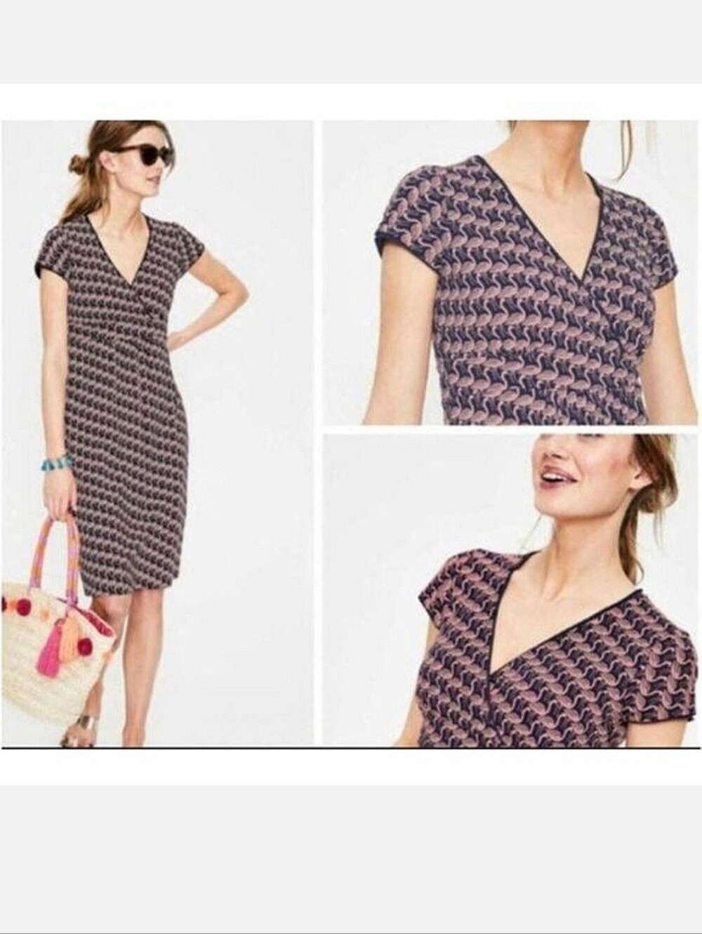 Boden Flamingo "Casual Jersey Day Dress" Navy Pink #J0118 | Women's Size 2P - Picture 2 of 11
